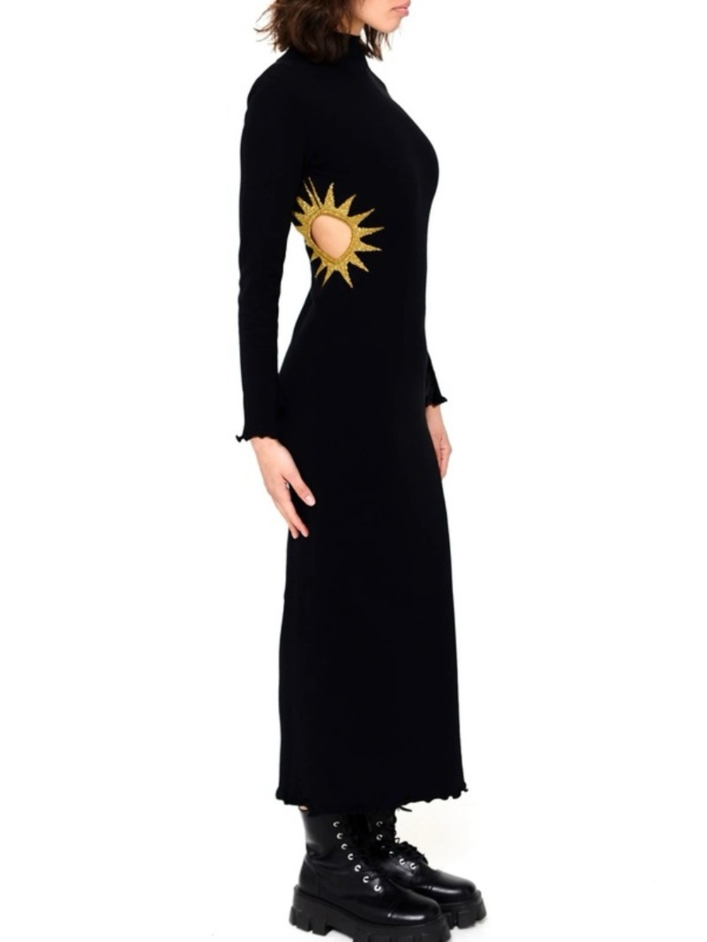 Black Long-Sleeve Maxi Dress with Gold Sun Cutout Detail